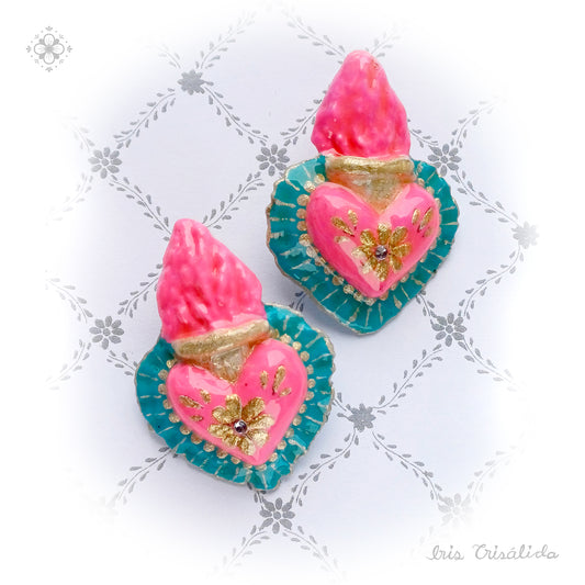 Burning Heart Earrings | Pink & turquoise
