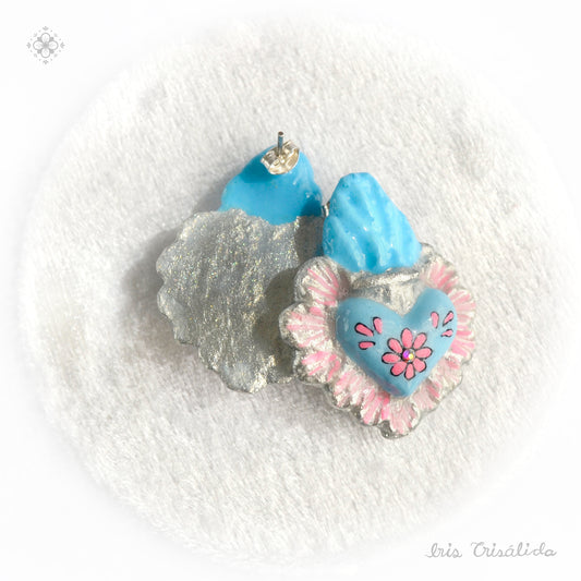 Aretes de Corazón Aúreo | Azul, plateado y rosa