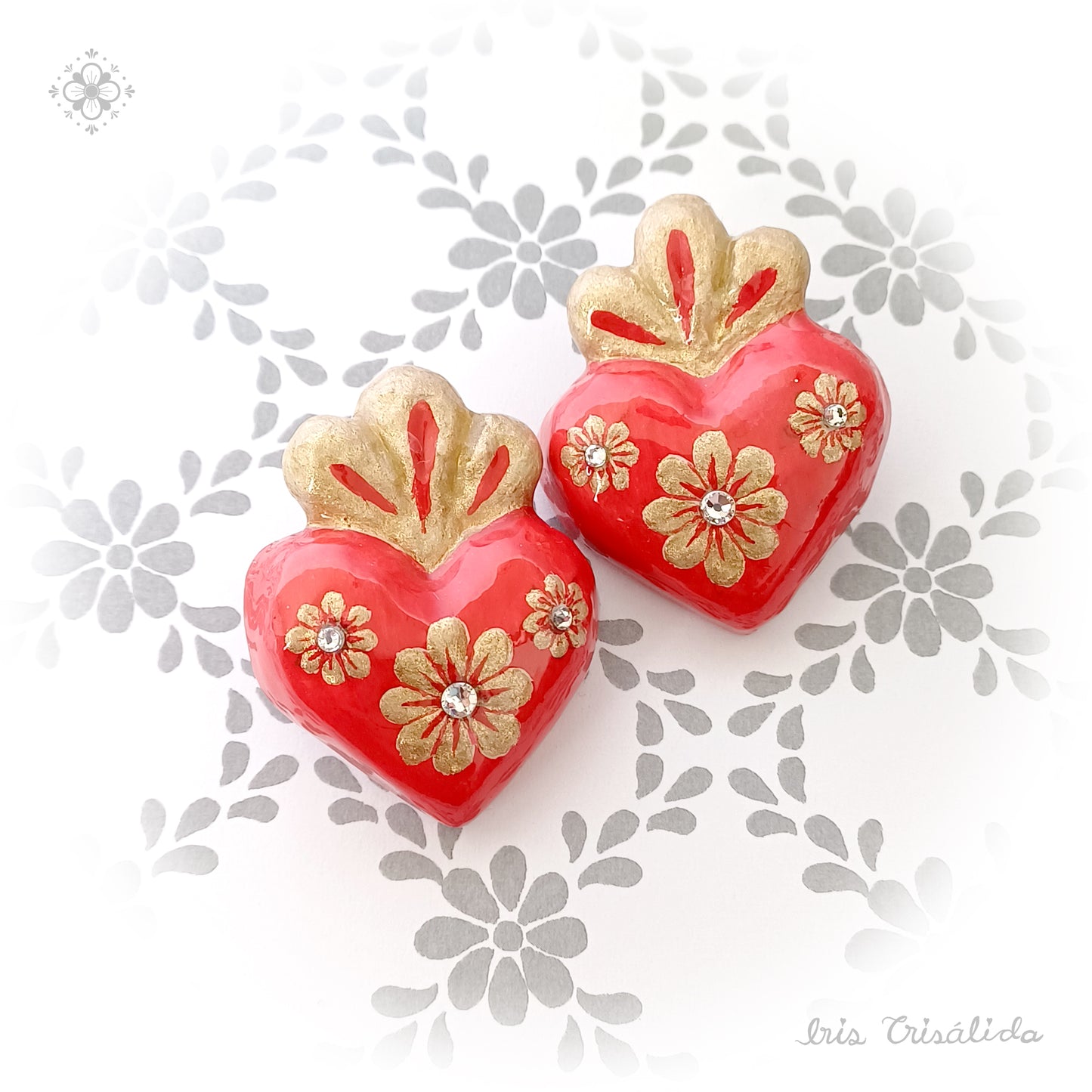 Cherished Heart Earrings | Red & three golden flowers