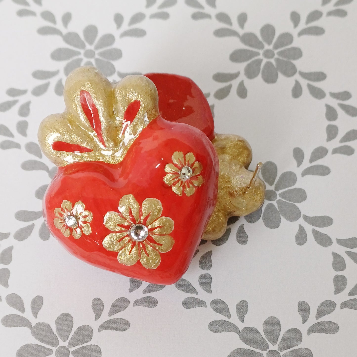 Cherished Heart Earrings | Red & three golden flowers