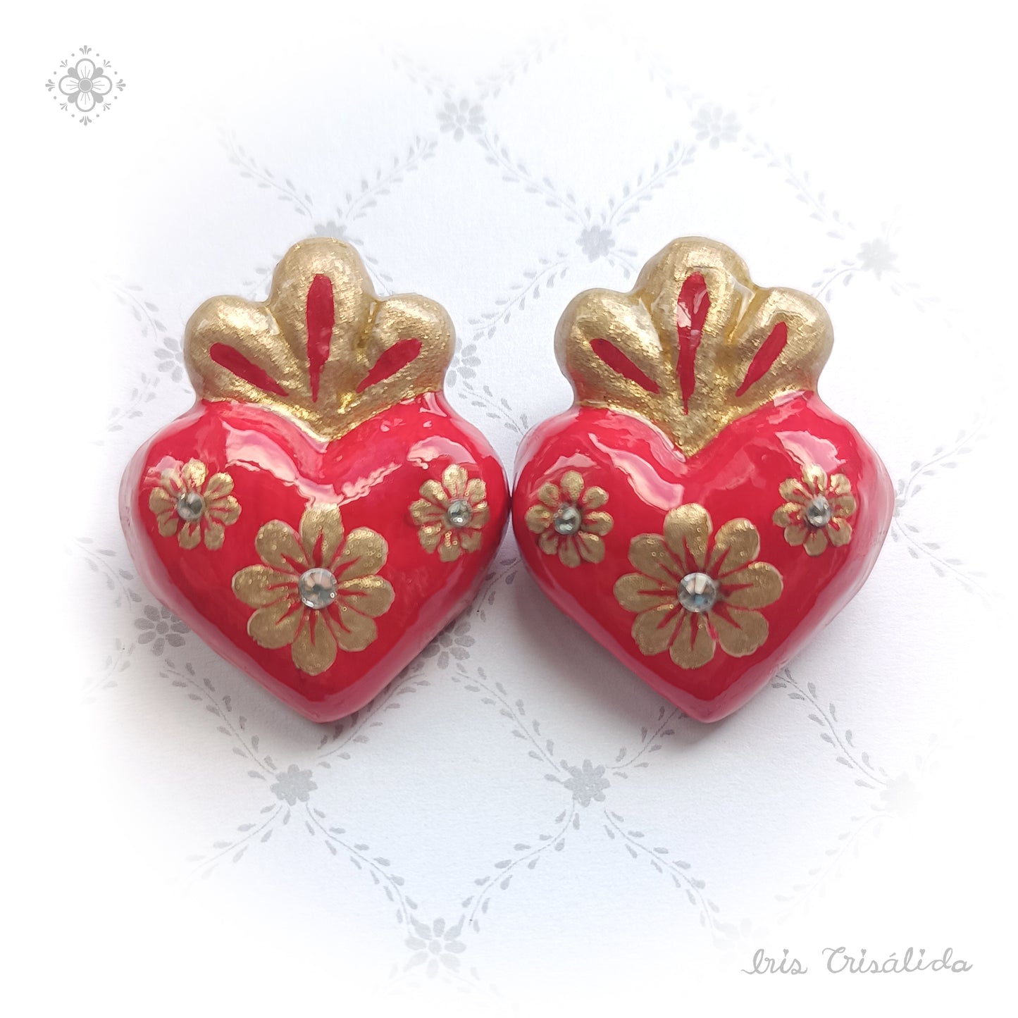 Cherished Heart Earrings | Red & three golden flowers
