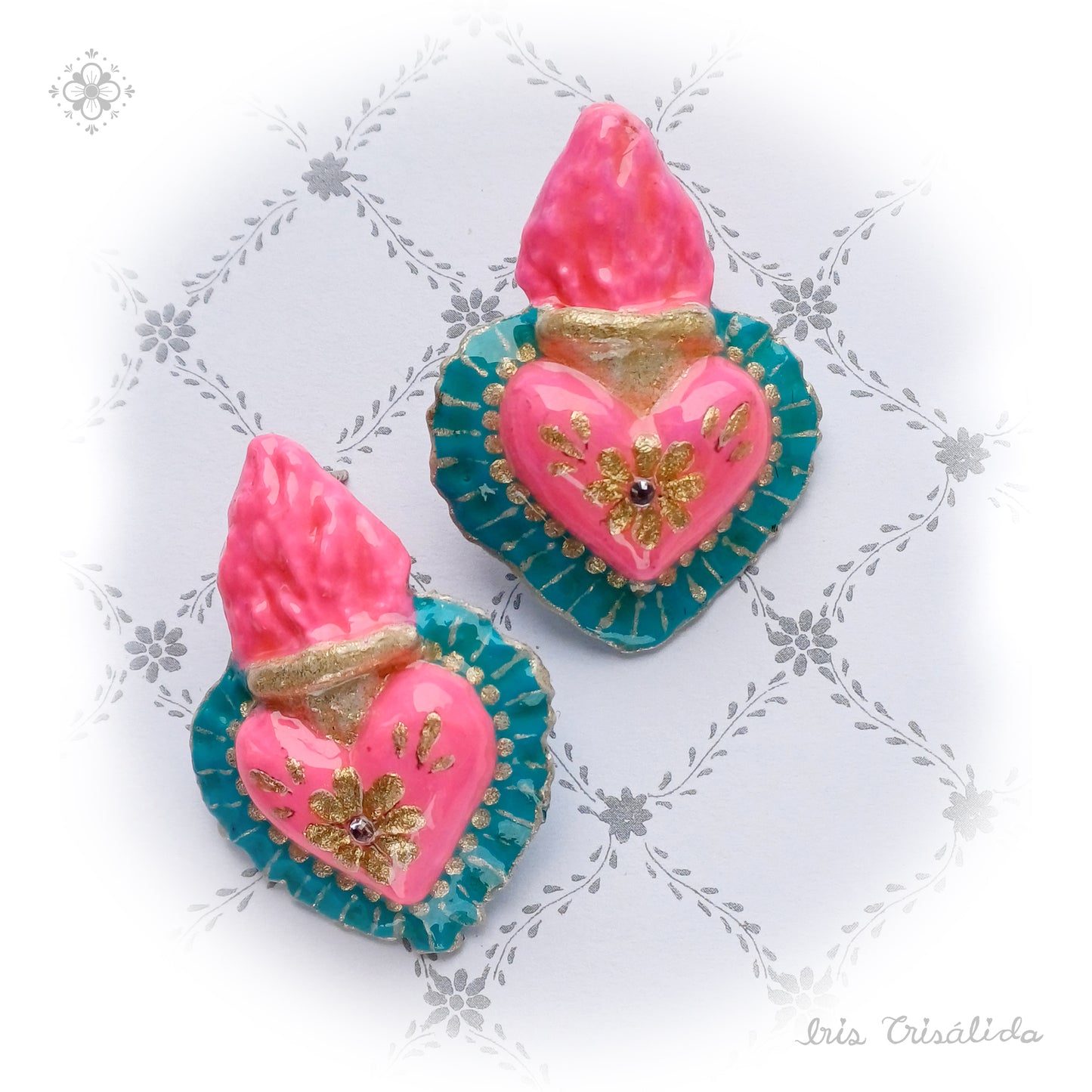 Burning  Heart Earrings | Pink & turquoise