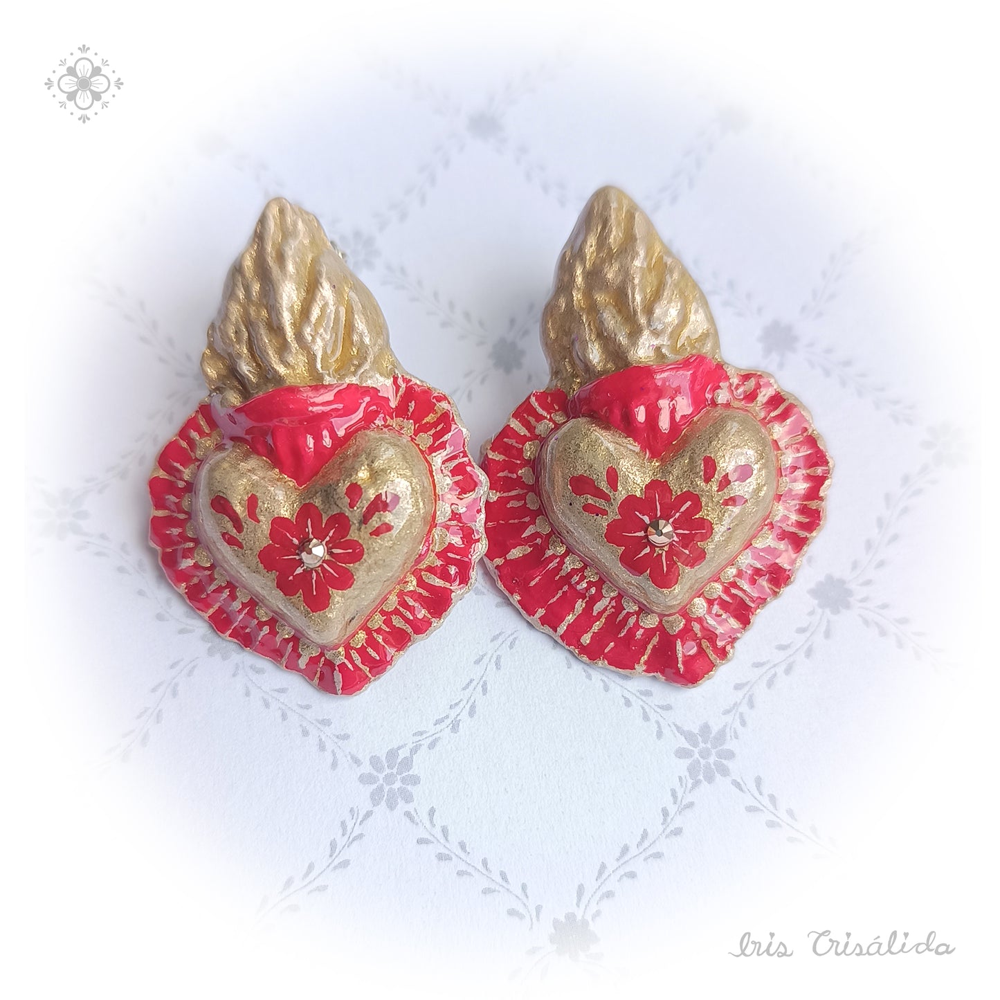Burning Heart Earrings | Gold & red