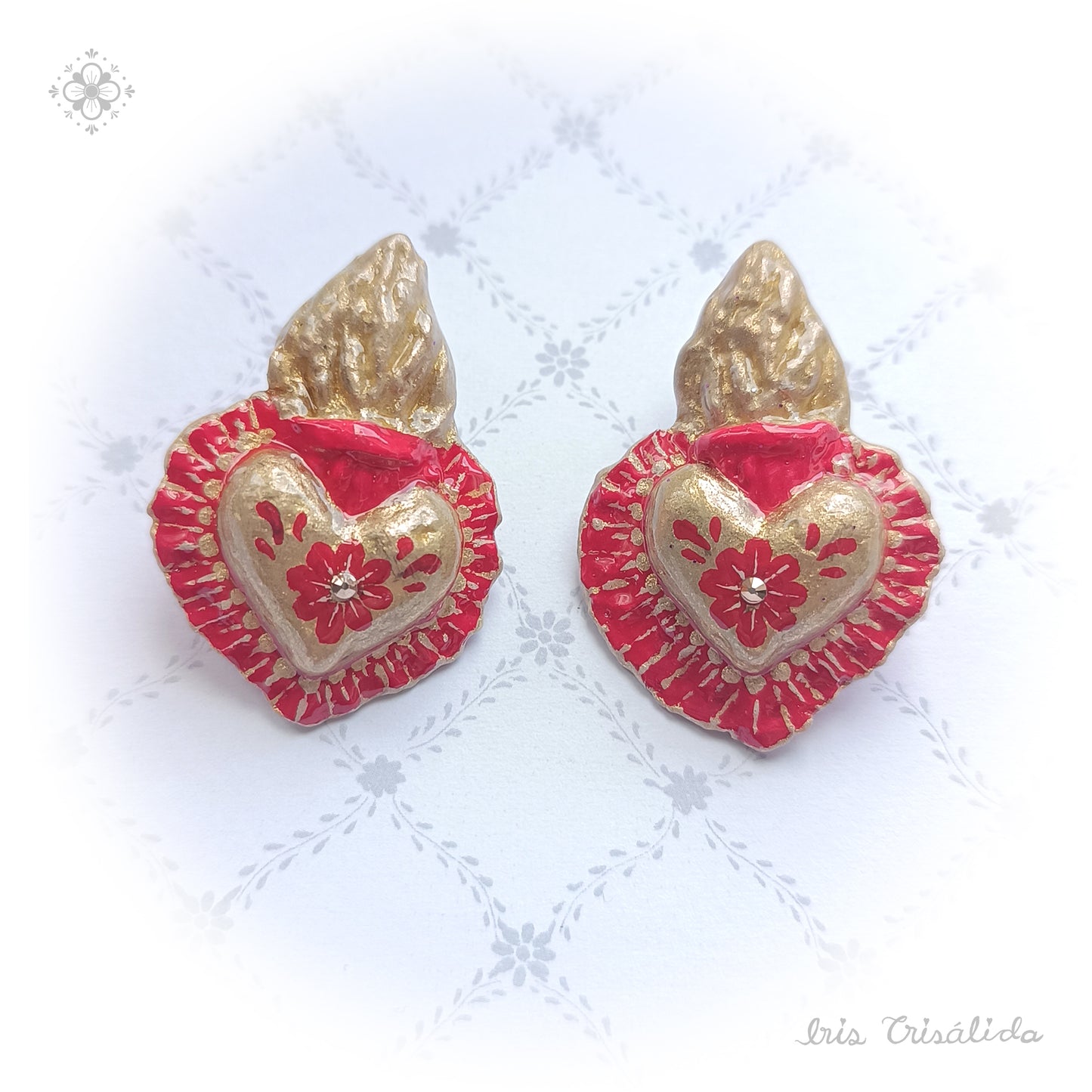 Burning Heart Earrings | Gold & red